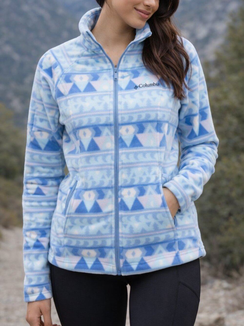 Columbia Blue Geometric Print Fleece Zip-Up Jacket | Size XS